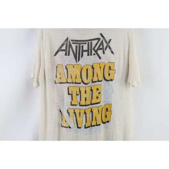 Vintage 80s SThrashed Thin Anthrax Among the Living I Am the Law Band T-Shirt